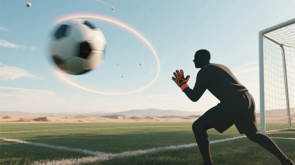 足球在高海拔干燥空气中飞行的示意画面，强调球路轨迹与门将判断