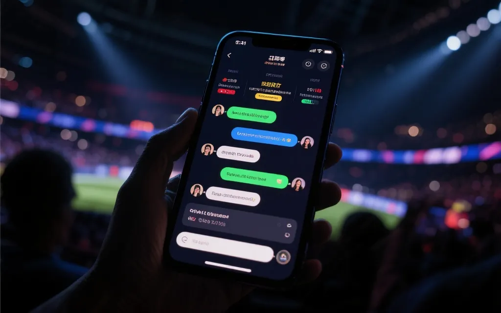决赛之夜的观赛氛围：手机屏幕上的直播互动、数据卡片与情绪评论流的视觉构图